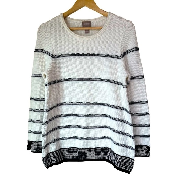 Chico’s White Textured Stripe Bateau-Neck Summer Sweater, size 1 - Picture 1 of 10